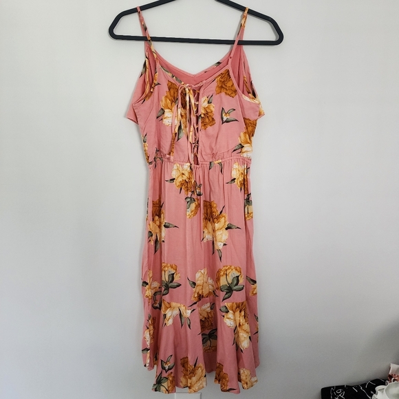 MINKPINK Dress Womens Medium Pink Floral Ruffle Midi - Picture 3 of 5
